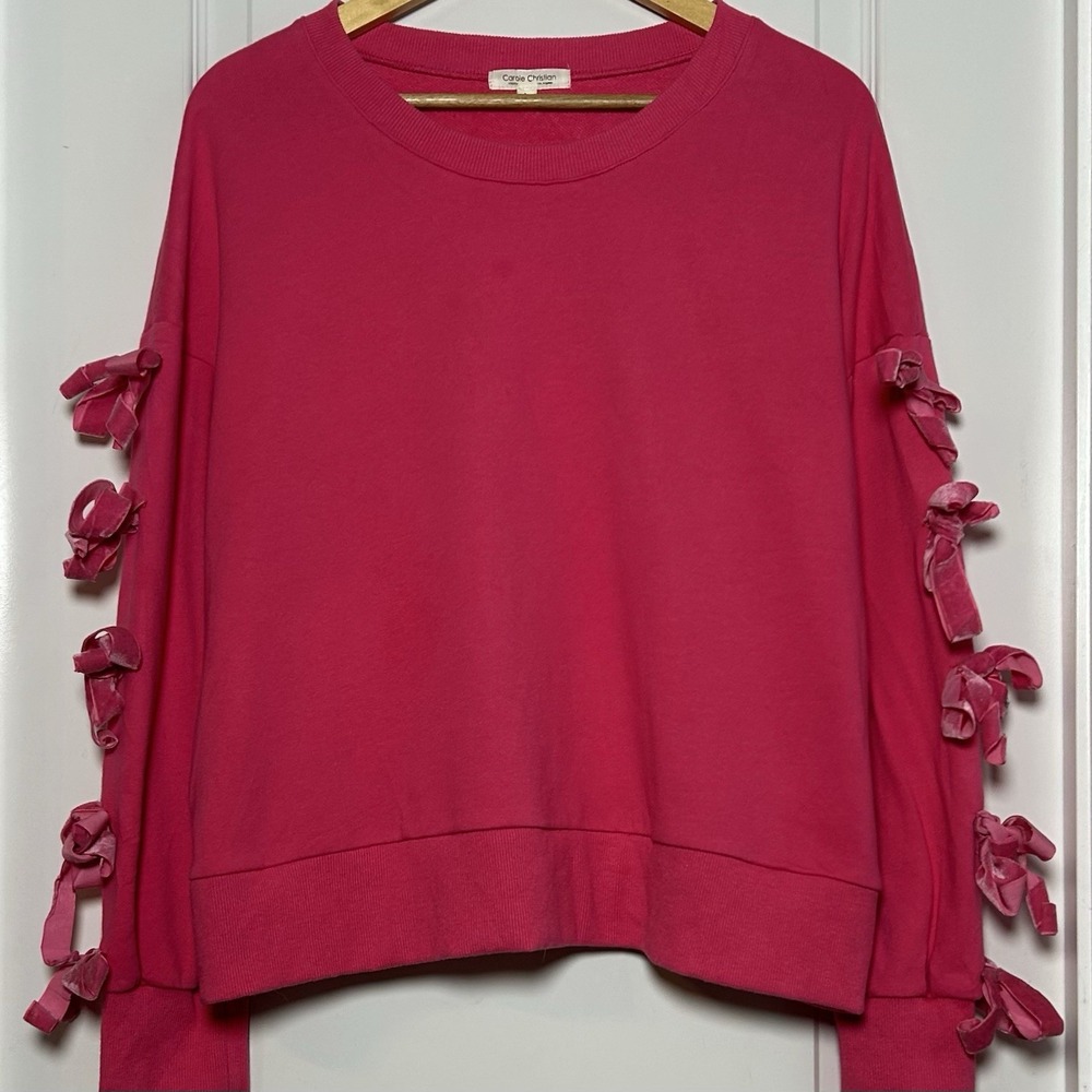 Carole Christian Cotton Blend Hot Pink Velvet Bow Sleeves Crewneck Sweatshirt